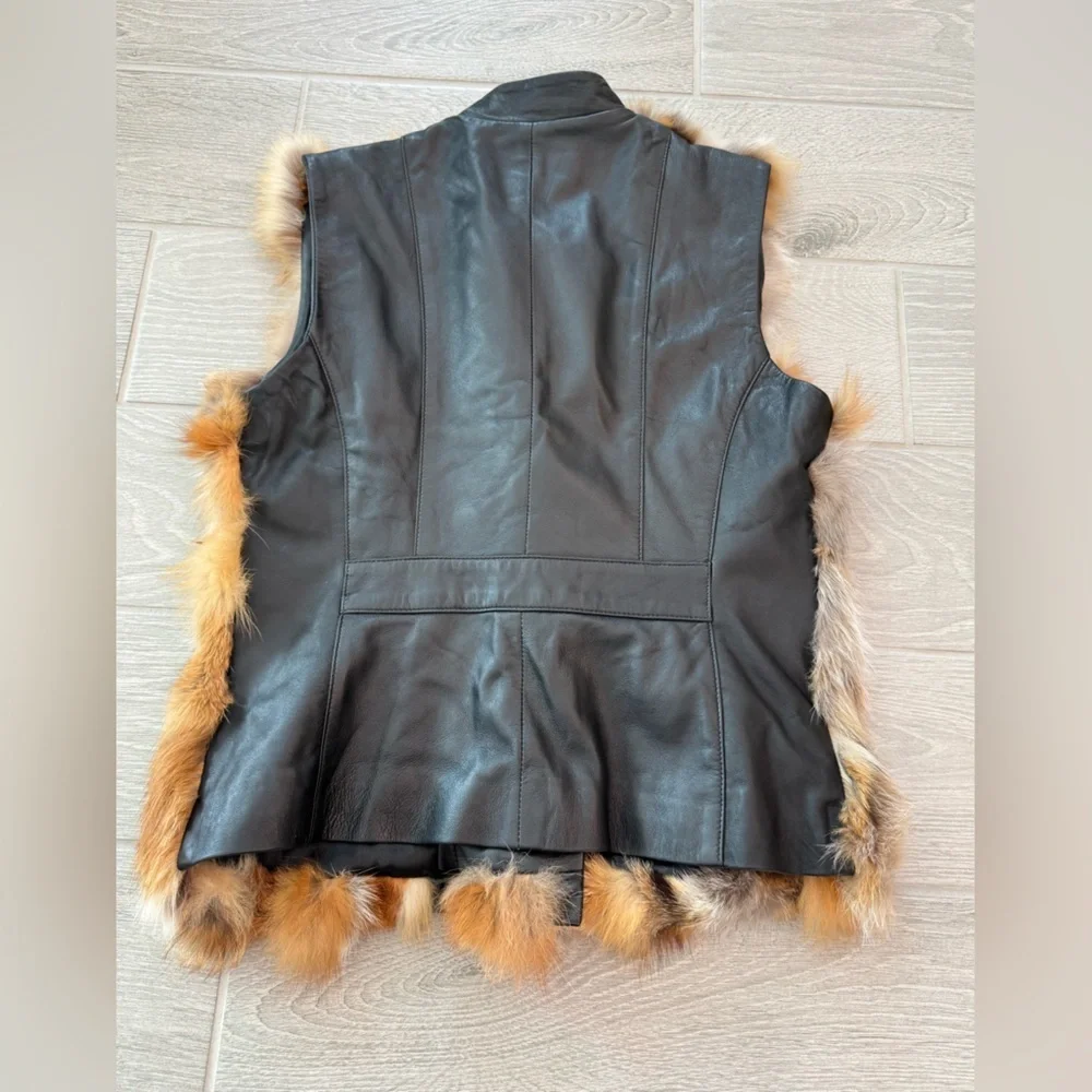 ANDRE'S GHUSTO Genuine Fox Fur Vest Leather Contrast Statement Piece OFAK Large
